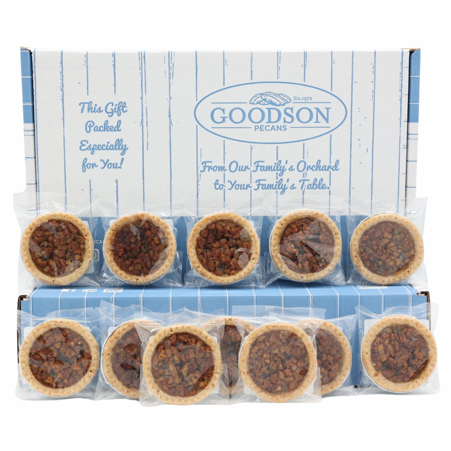 Box of Goodson pecan pies with a blue and white striped design.