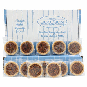Box of Goodson pecan pies with a blue and white striped design.