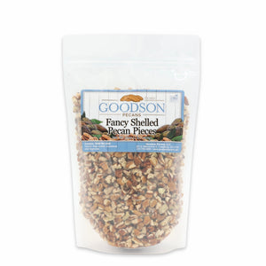 Goodson Pecans 1lb package of fancy shelled pecan pieces on a white background