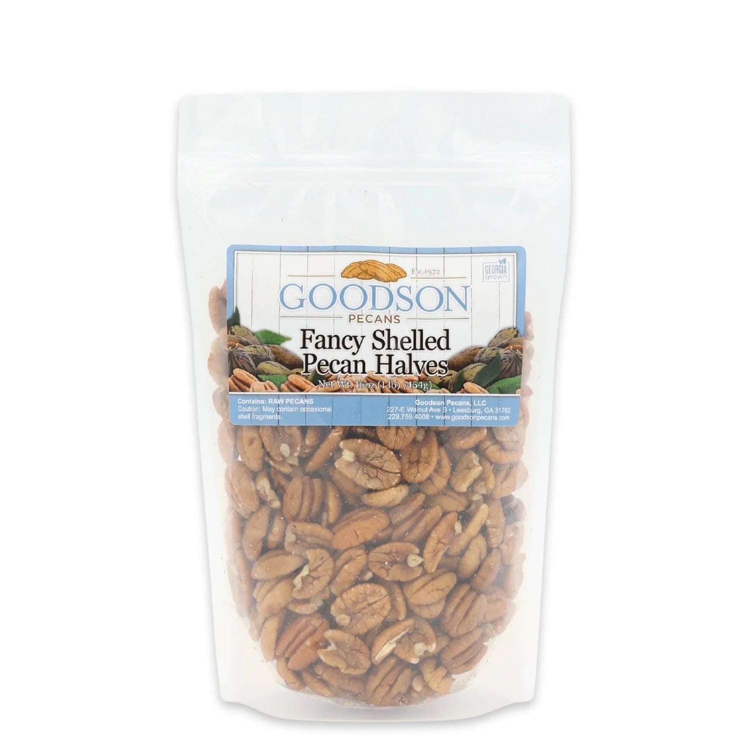 Bag of 1lb Goodson Fancy Shelled Pecan Halves on a white background