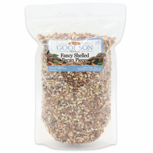 Bag of 3lb Goodson Fancy Shelled Pecan Pieces on a white background