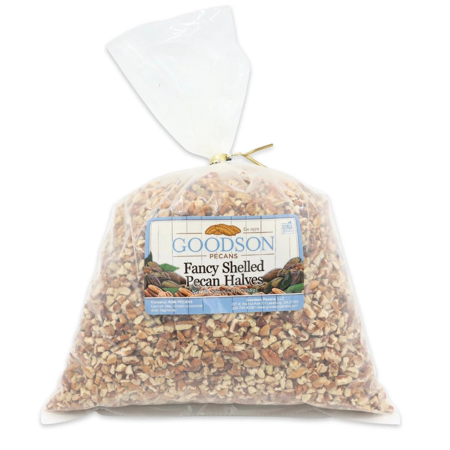 Bag of 5lb Goodson Fancy Shelled Pecan Halves on a white background