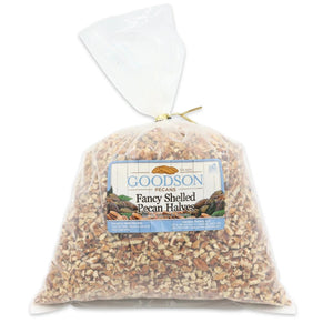 Bag of 5lb Goodson Fancy Shelled Pecan Halves on a white background