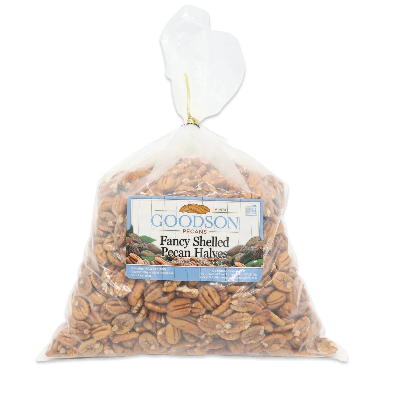 Bag of 5lb Goodson Fancy Shelled Pecan Halves on a white background