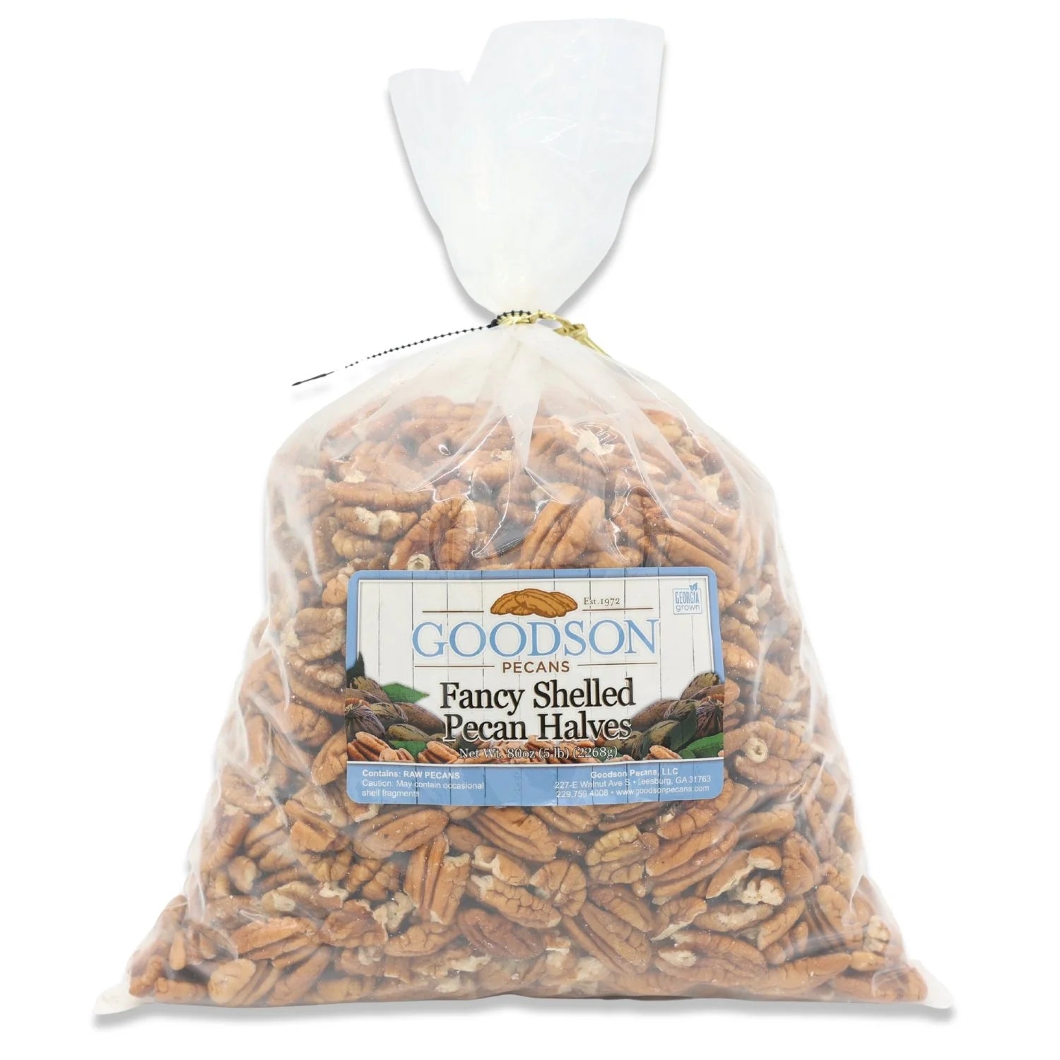 Bag of 5lb Goodson Fancy Shelled Pecan Halves on a white background