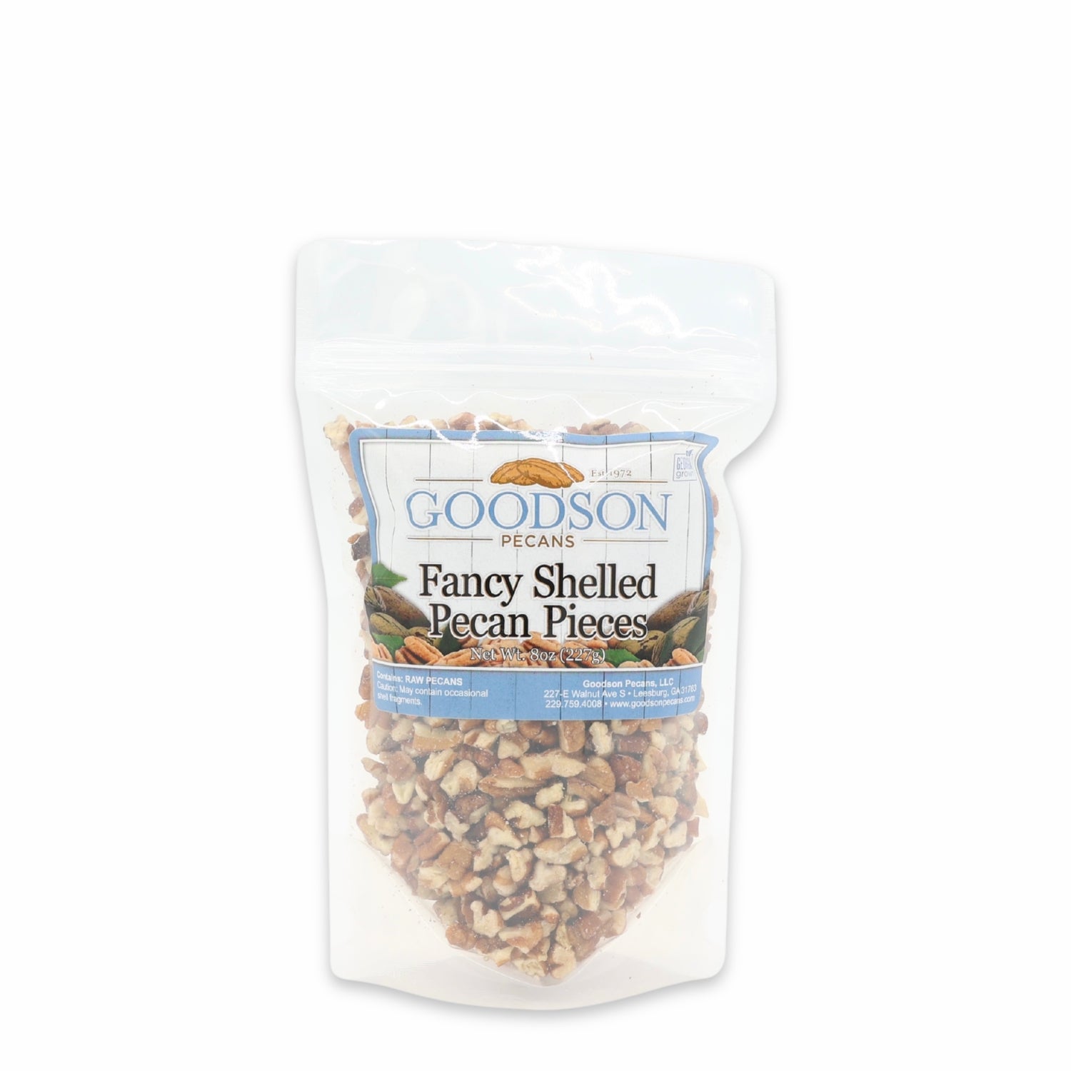 Bag of 8oz Goodson Fancy Shelled Pecan Pieces on a white background