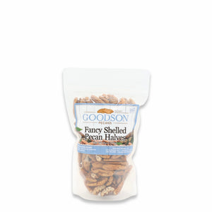 Bag of 8oz Goodson Pecans Fancy Shelled Pecan Halves on a white background