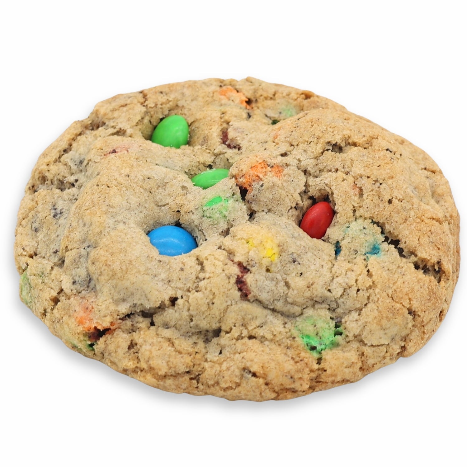Cookie with colorful M&M candies on a white background