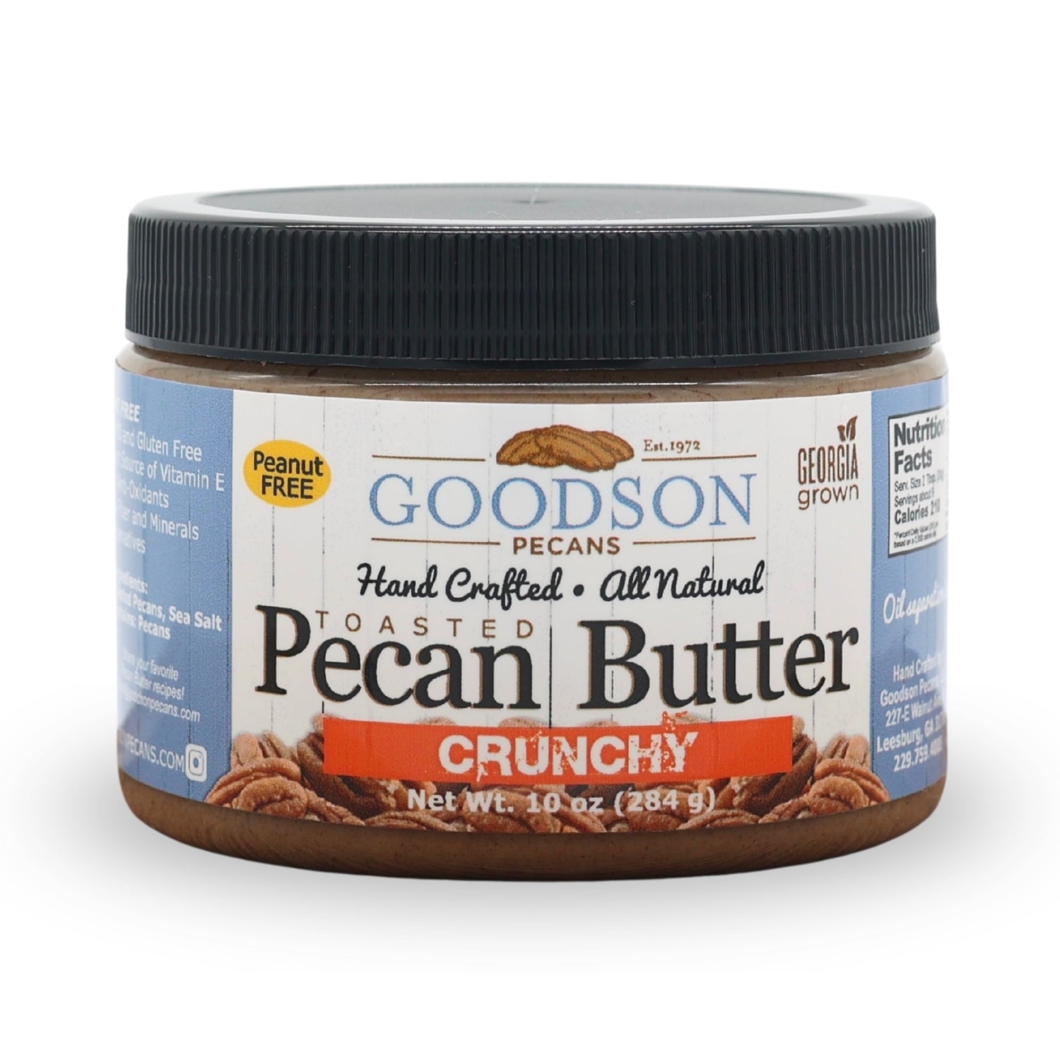 10oz Jar of Goodson Pecans crunchy pecan butter on a white background