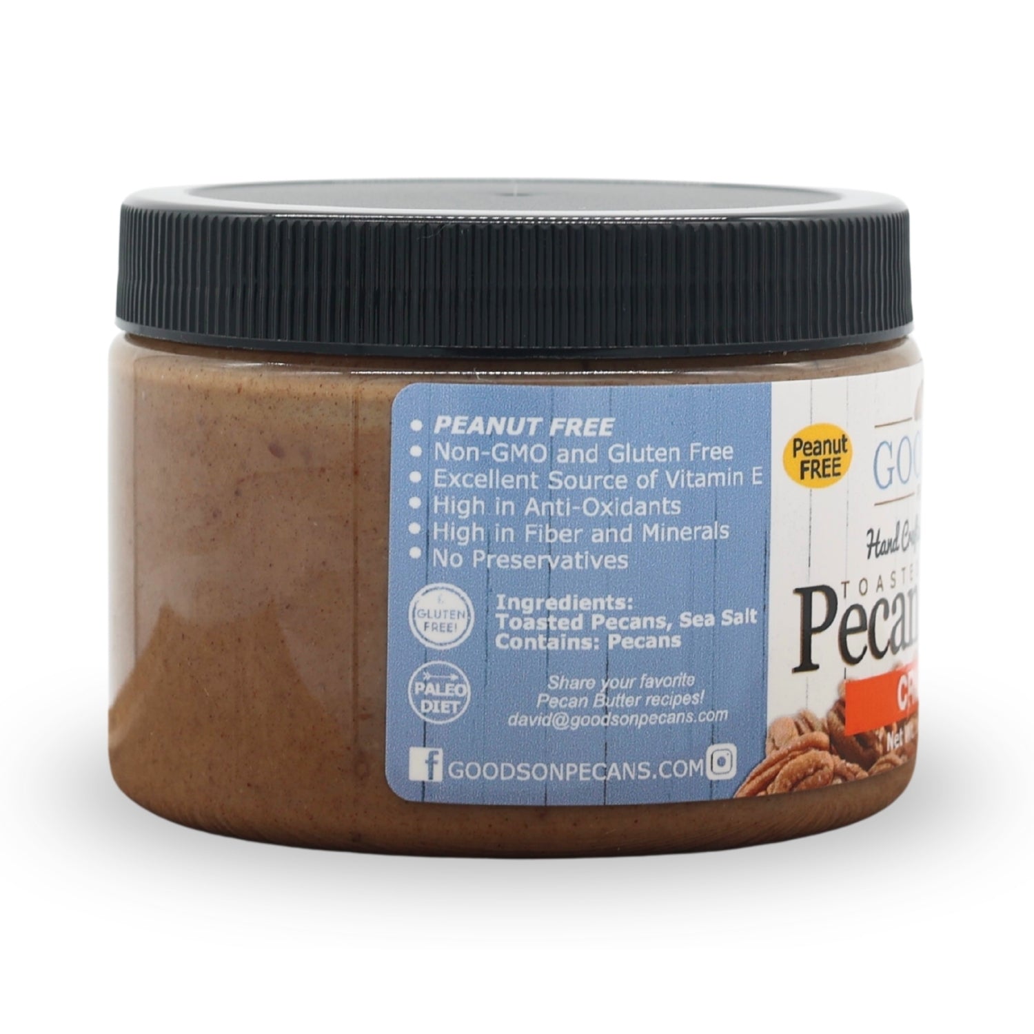 Jar of Goodson Pecans toasted pecan butter side label on a white background