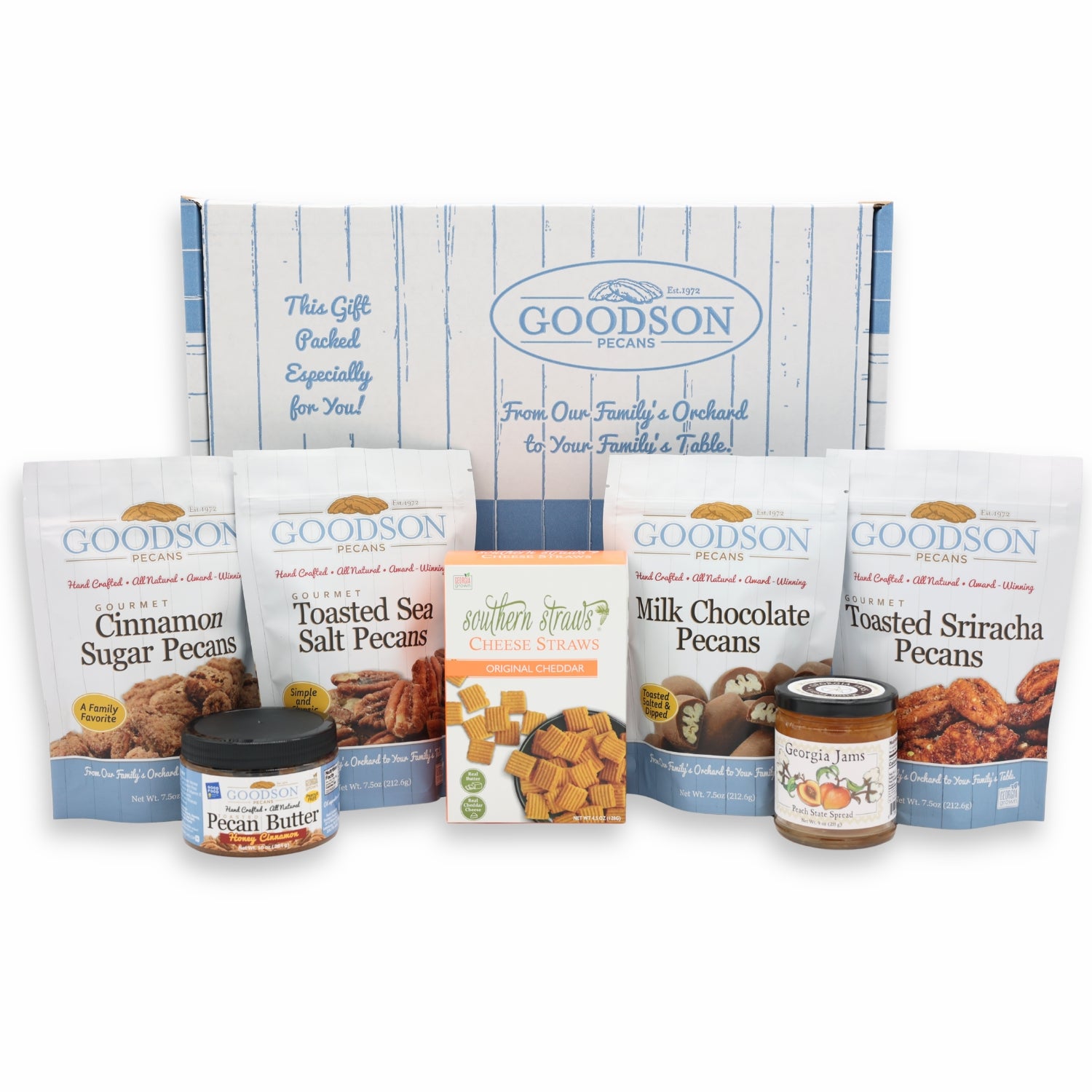 Goodson Pecans gift set with various pecan products and a box on a white background