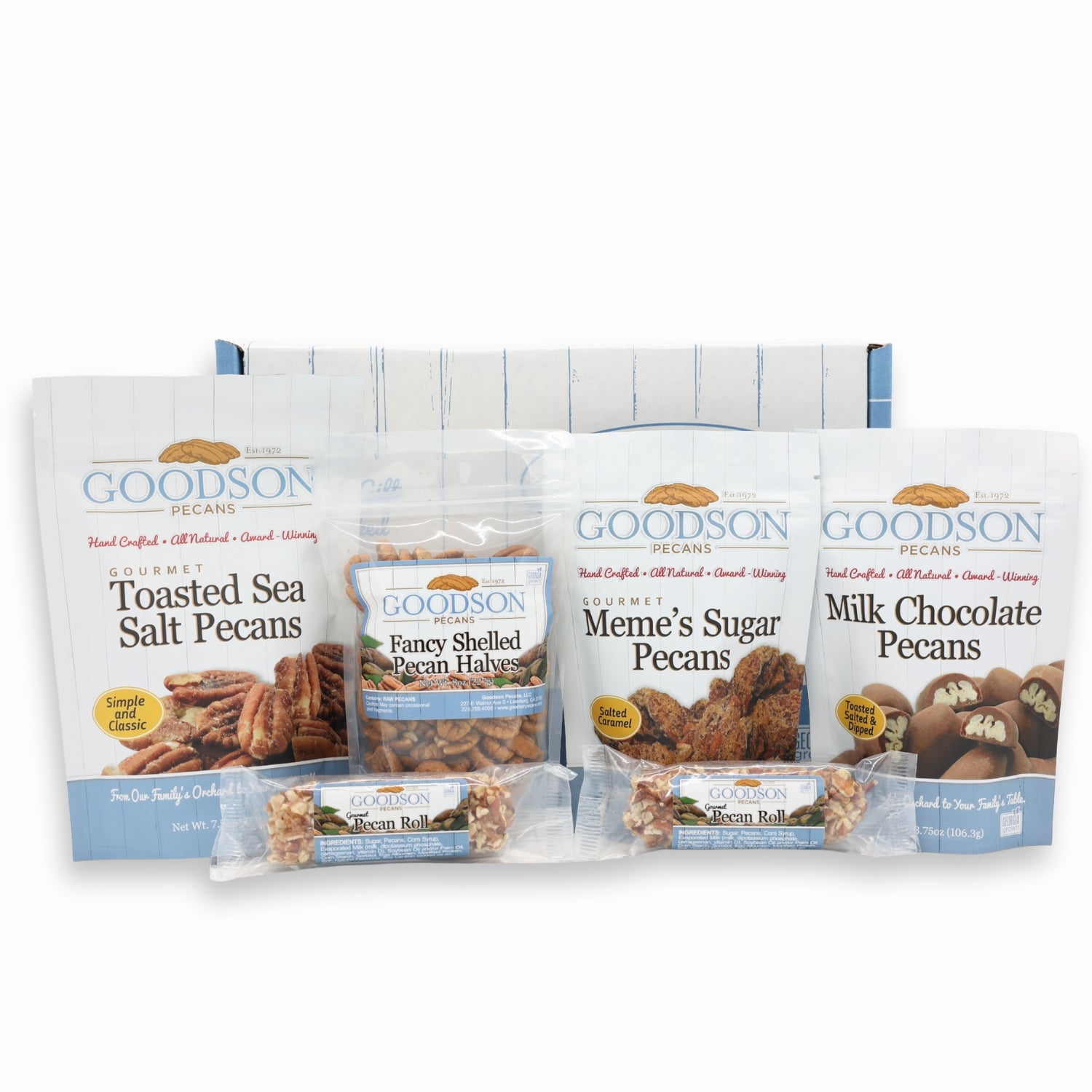 Packages of Goodson Pecans Toasted Sea Salt Pecans Fancy Shelled Pecan Halves, Meme's Sugar Pecans, Milk Chocolate Pecans, two packages of Goodson Pecans' Pecan Rolls, and a Goodson Pecans Box against a white background.