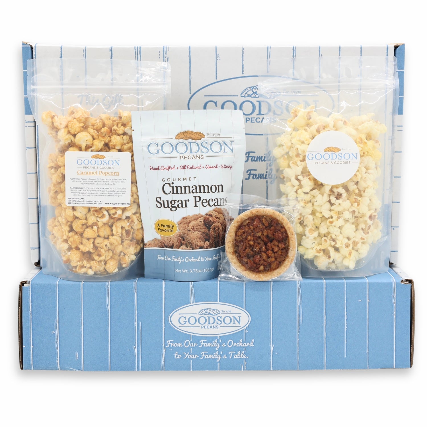 Goodson Pecans gift set with pecans, cookies, and a box labeled 'Goodson'.