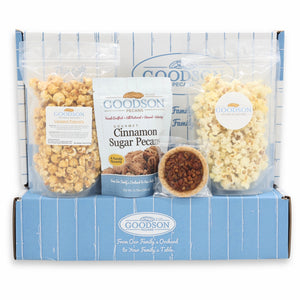 Goodson Pecans gift set with pecans, cookies, and a box labeled 'Goodson'.