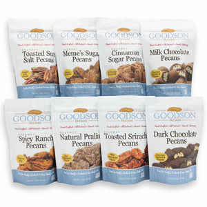 Assorted packages of Goodson Pecans on a white background