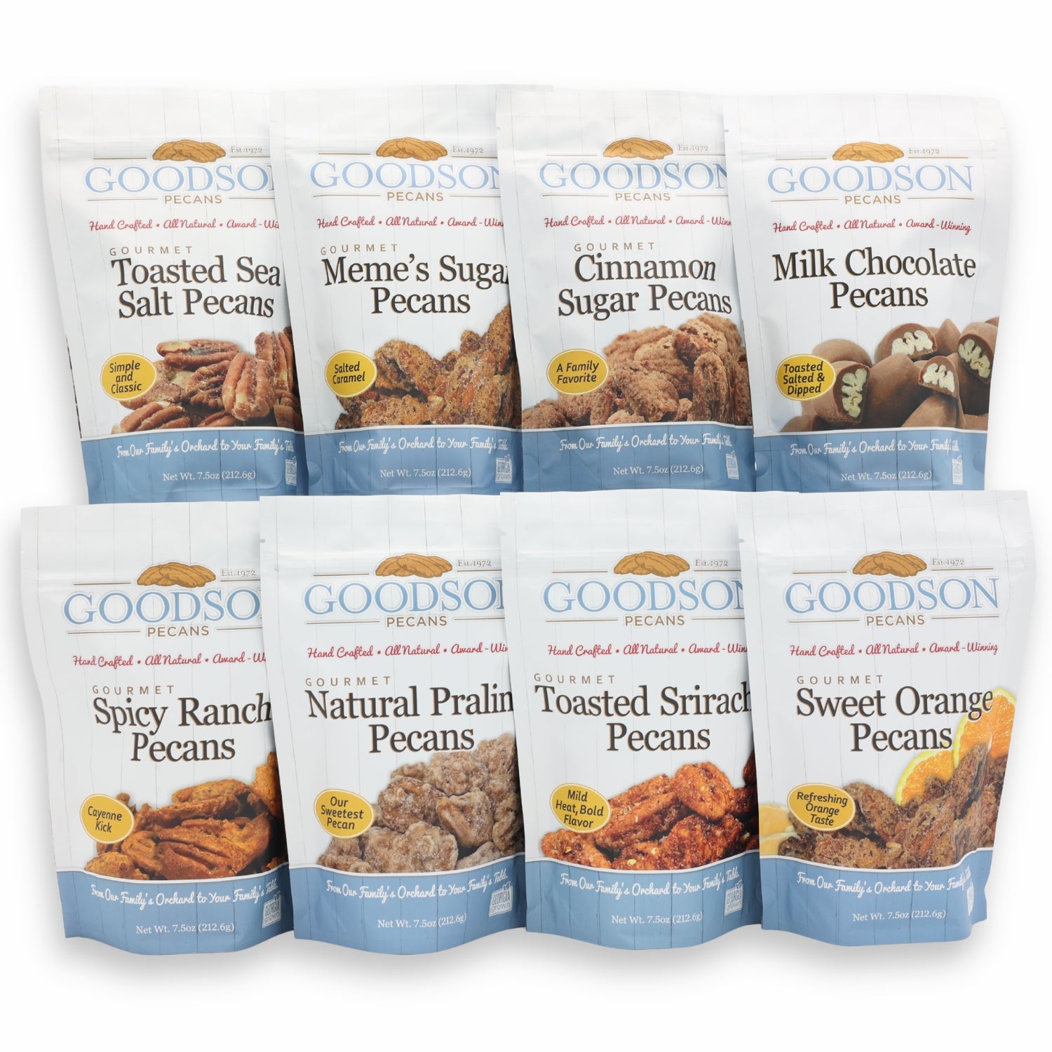 Assorted packages of Goodson Pecans on a white background