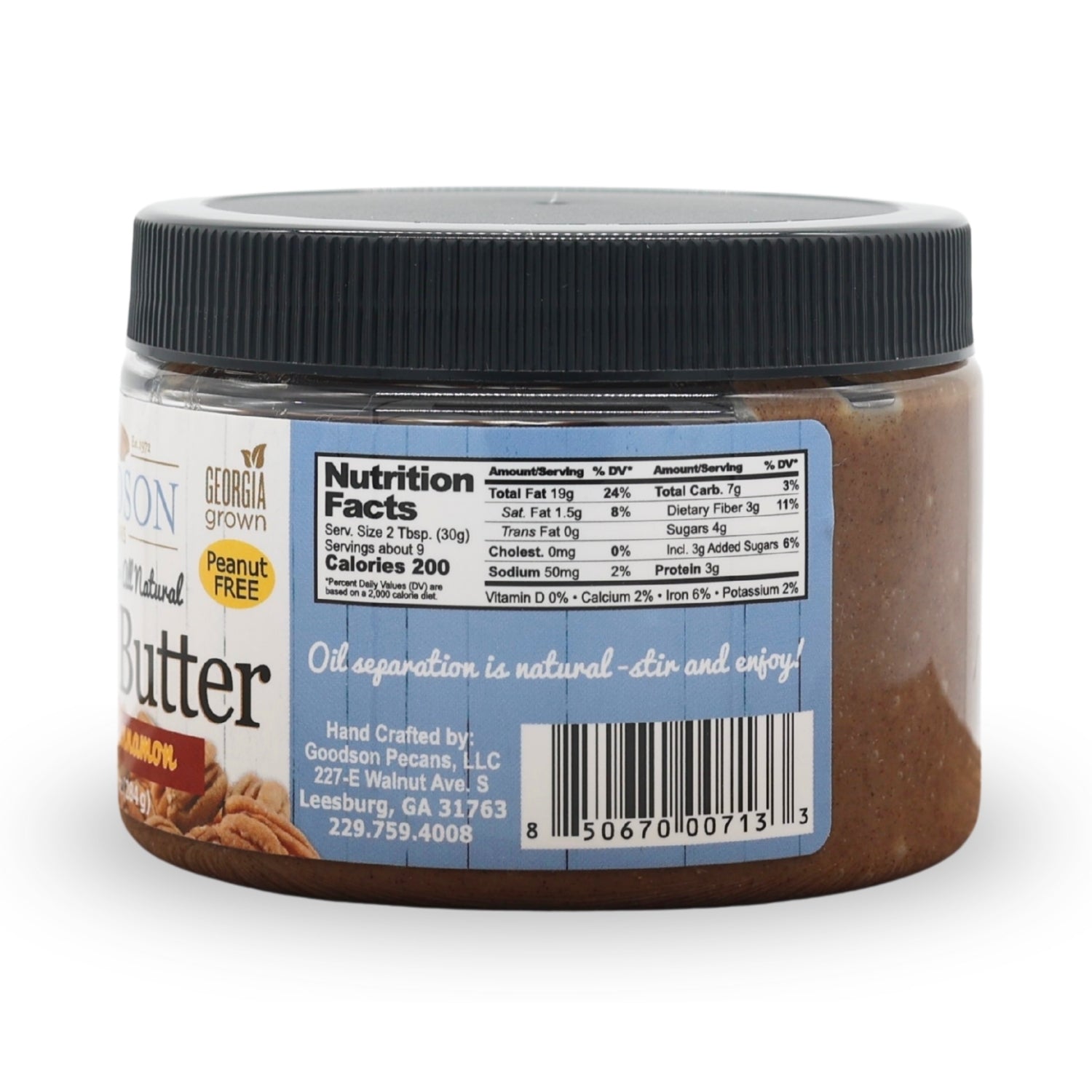 Jar of Goodson Honey Cinnamon Pecan Butter with a label showing nutrition facts and branding.