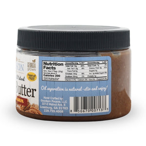 Jar of Goodson Honey Cinnamon Pecan Butter with a label showing nutrition facts and branding.