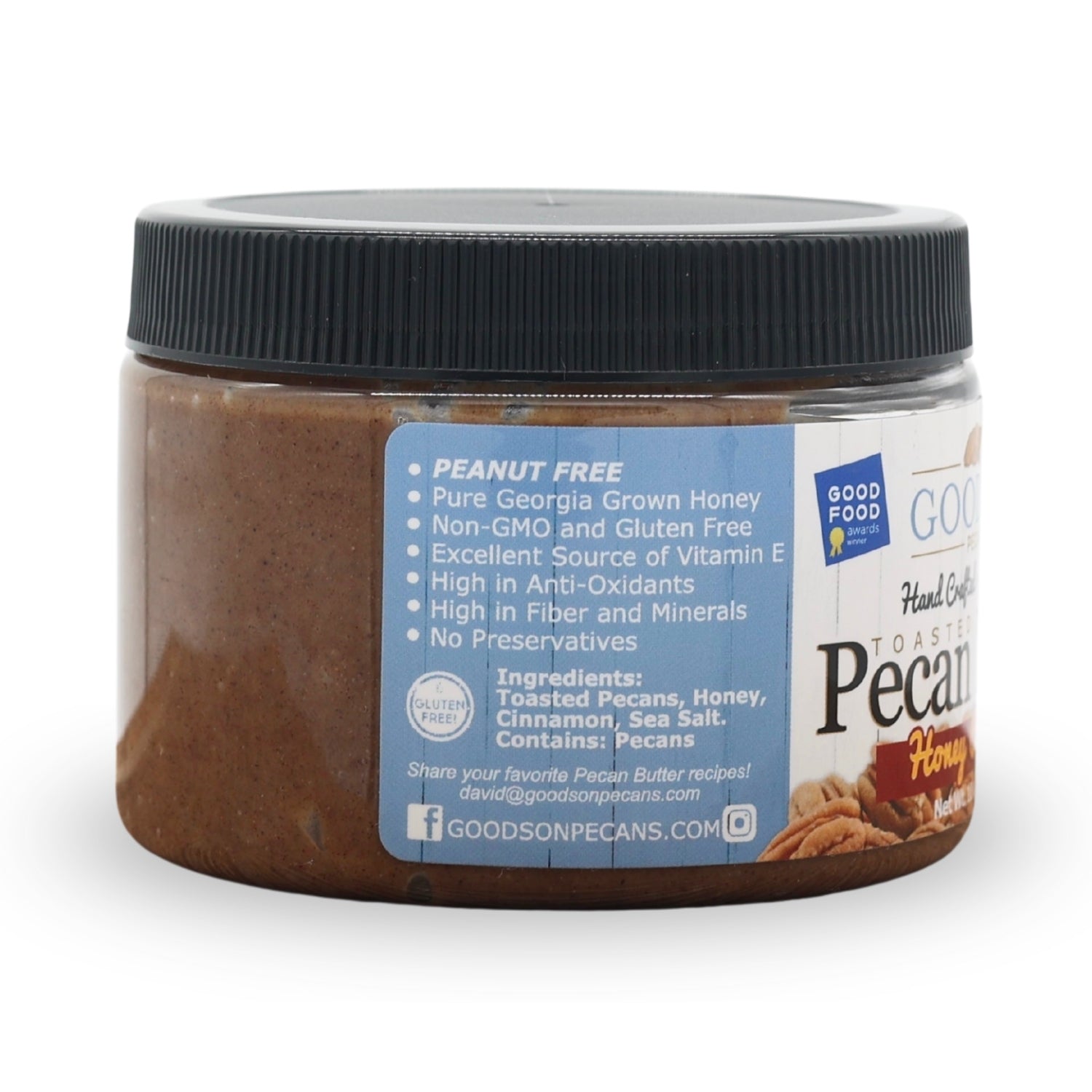 Jar of Goodson Honey Cinnamon Pecan Butter with a label showing Ingredients and branding.