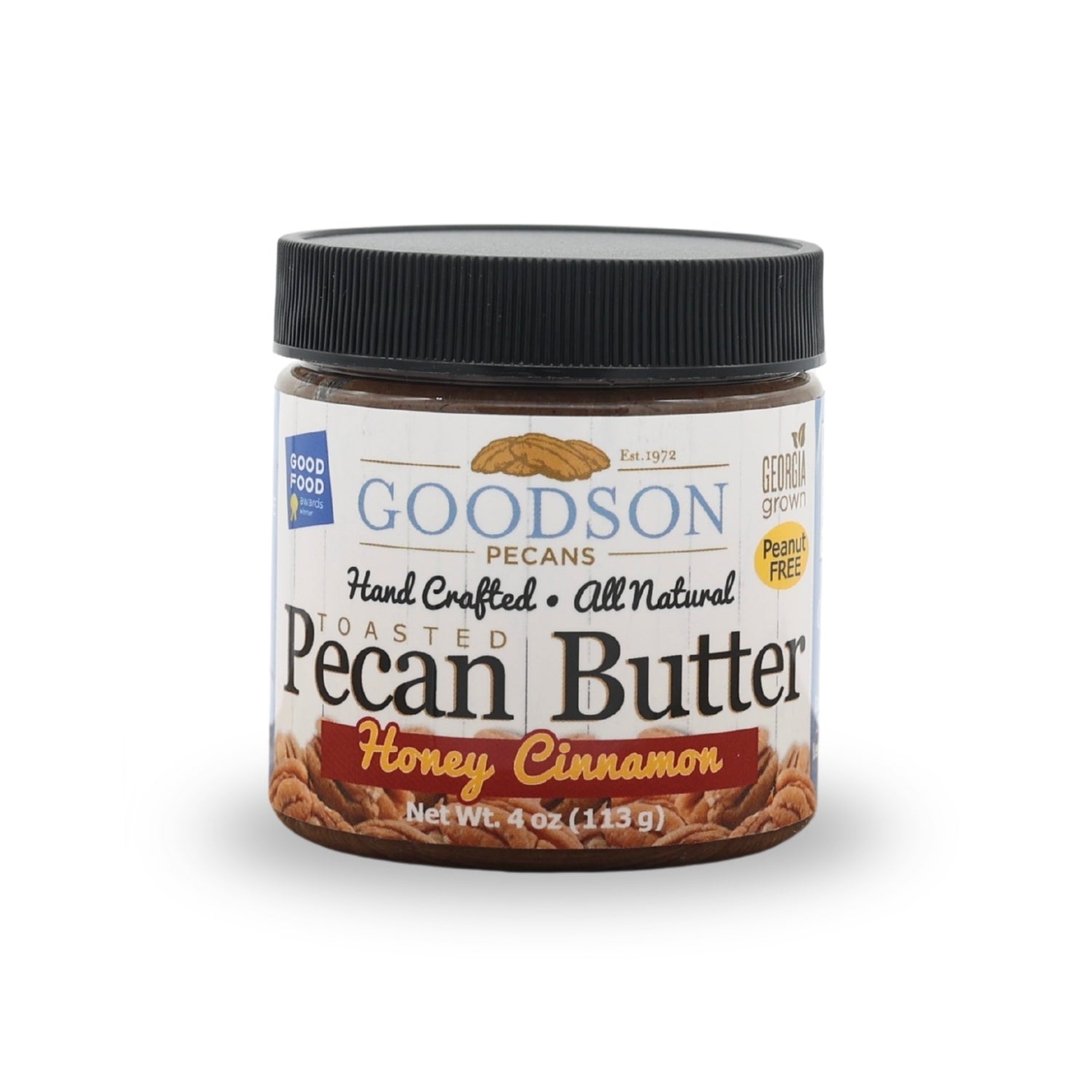 4oz Jar of Goodson Pecan Butter Honey Cinnamon flavor on a white background