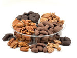 A clear, four section container of various Goodson Pecans flavors against a white background.