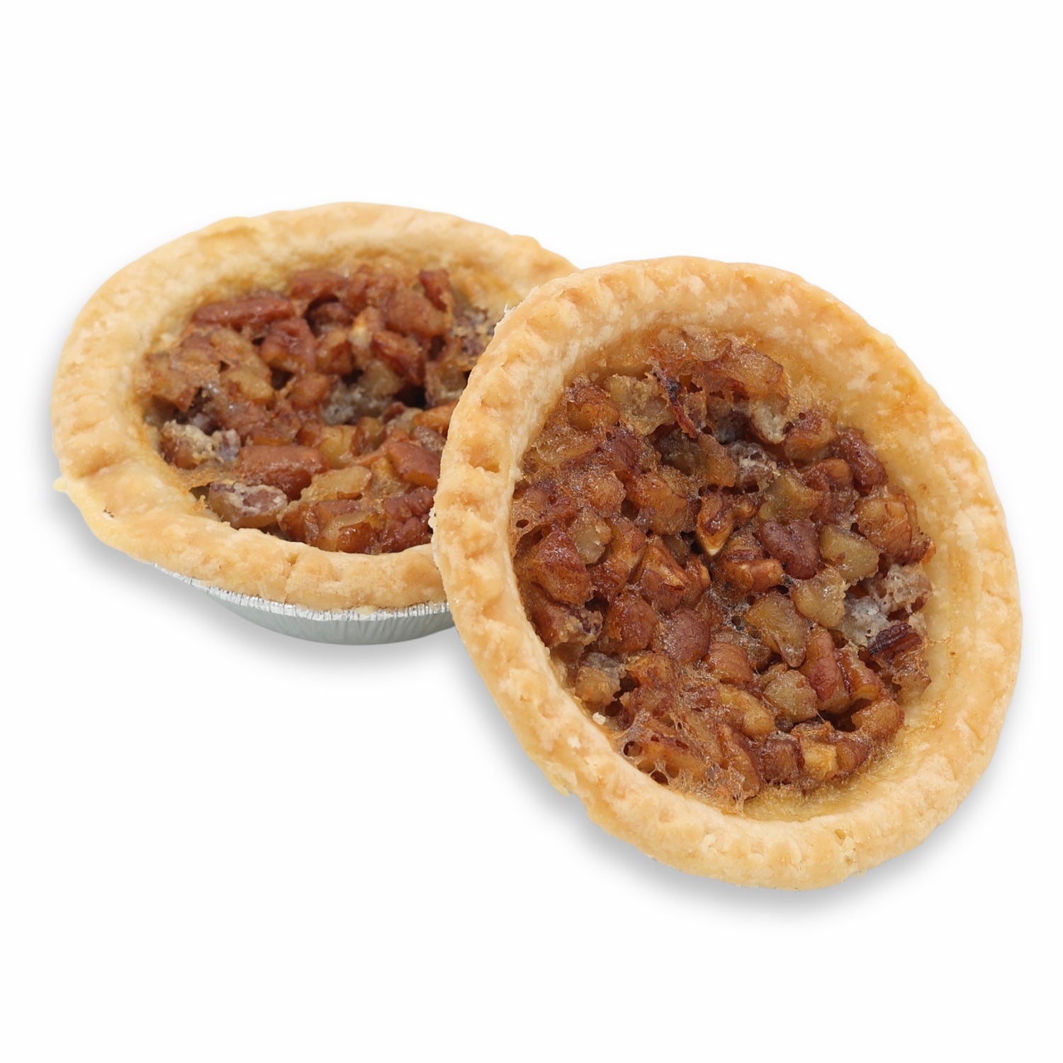 Two mini-pecan pies on a white background