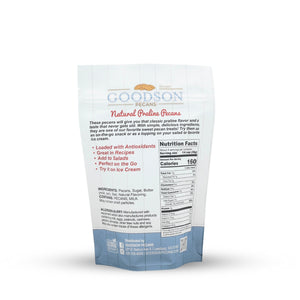 Goodson Pecans 3.75oz Natural Praline packaging with text and nutrition facts on a white background