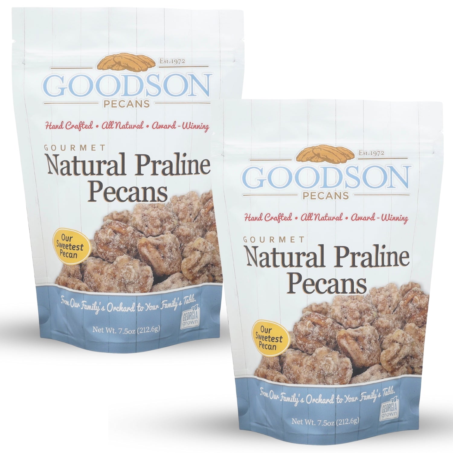 Two bags of Goodson Pecans Natural Praline Pecans on a white background