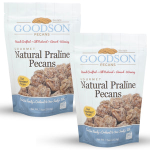 Two bags of Goodson Pecans Natural Praline Pecans on a white background