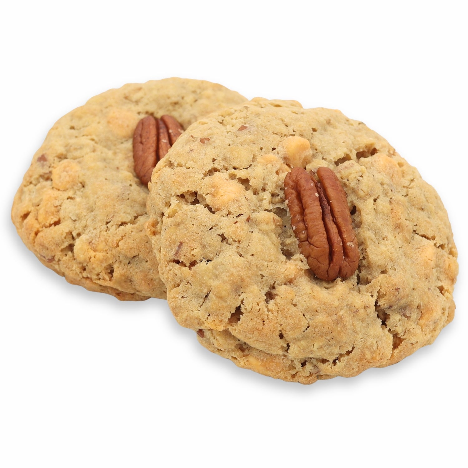 Two oatmeal cookies with pecans and butterscotch chips on a white background.