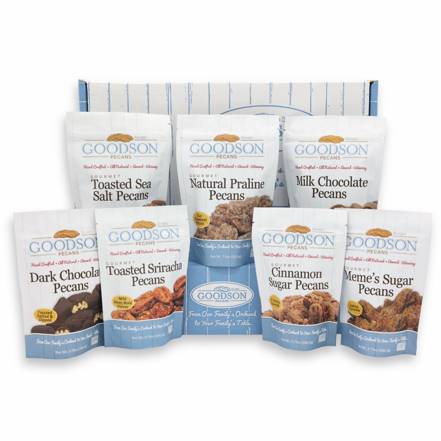 Packages of Goodson Pecans' Toasted Sea Salt Pecans, Natural Praline Pecans, Milk Chocolate Pecans, Dark Chocolate Pecans, Toasted Sriracha Pecans, Cinnamon Sugar Pecans, and Meme's Sugar Pecans with a Goodson Pecans Box against a white background.