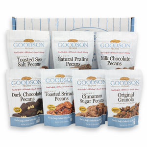 Assorted Goodson Pecans packages on a white background