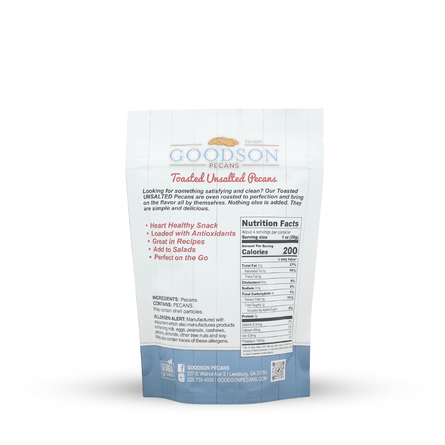 Goodson Pecans Toasted Unsalted 3.75oz packaging with nutritional information on a white background