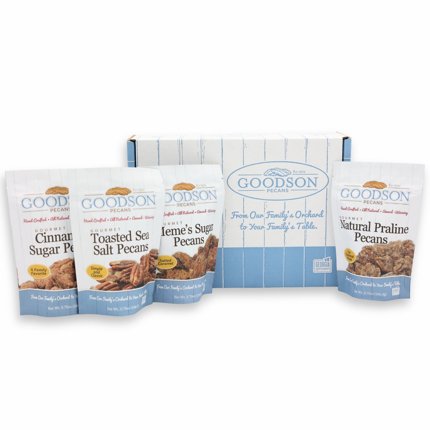 Goodson pecan packages with a blue and white striped box on a white background