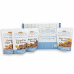 Goodson Pecans packaging with various flavors displayed in front of a Goodson Pecans box against a white background.