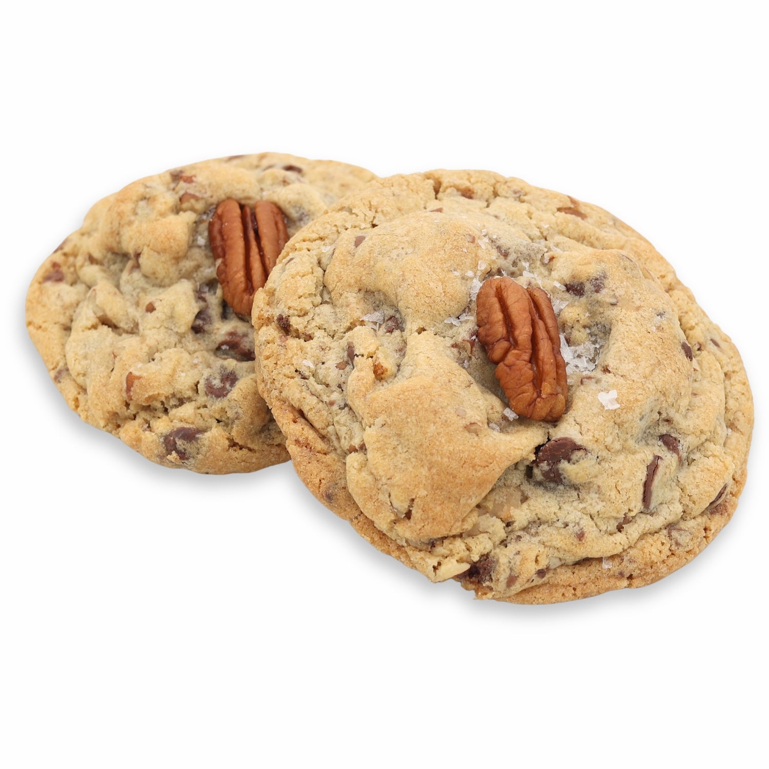 Two Chocolate chip and Pecan Toffee cookies with a pecan on top against a white background.