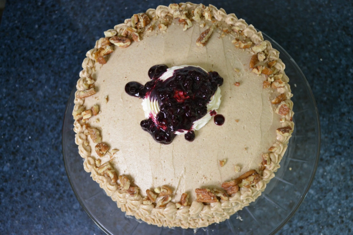 Vanilla Cake with Blueberry Compote and Pecan Butter Icing