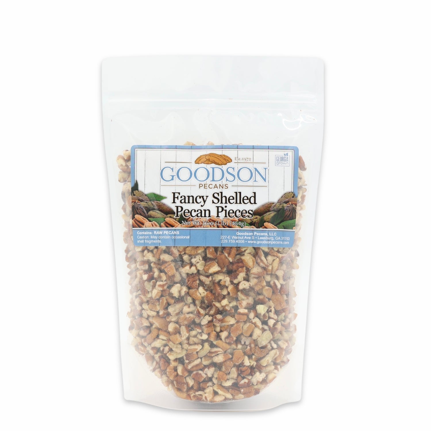 Goodson Pecans 1lb package of fancy shelled pecan pieces on a white background