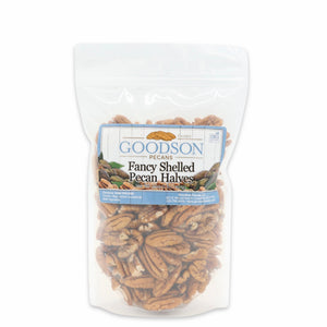 Bag of 1lb Goodson Fancy Shelled Pecan Halves on a white background