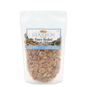 Bag of 1lb Goodson Fancy Shelled Pecan Halves on a white background
