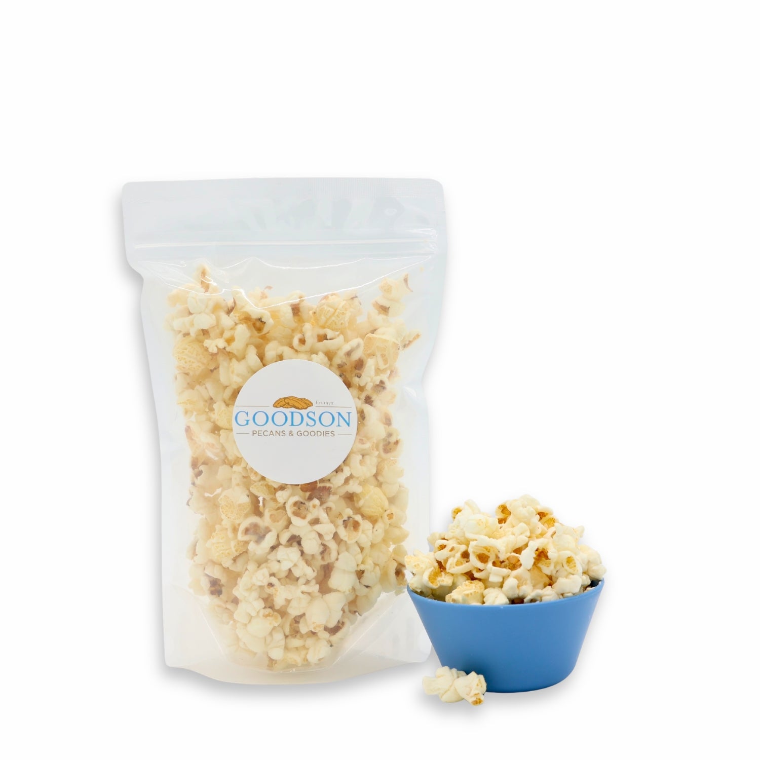 2.5oz bag of popcorn with a visible 'Goodson' label and a small blue bowl of popcorn on a white background.