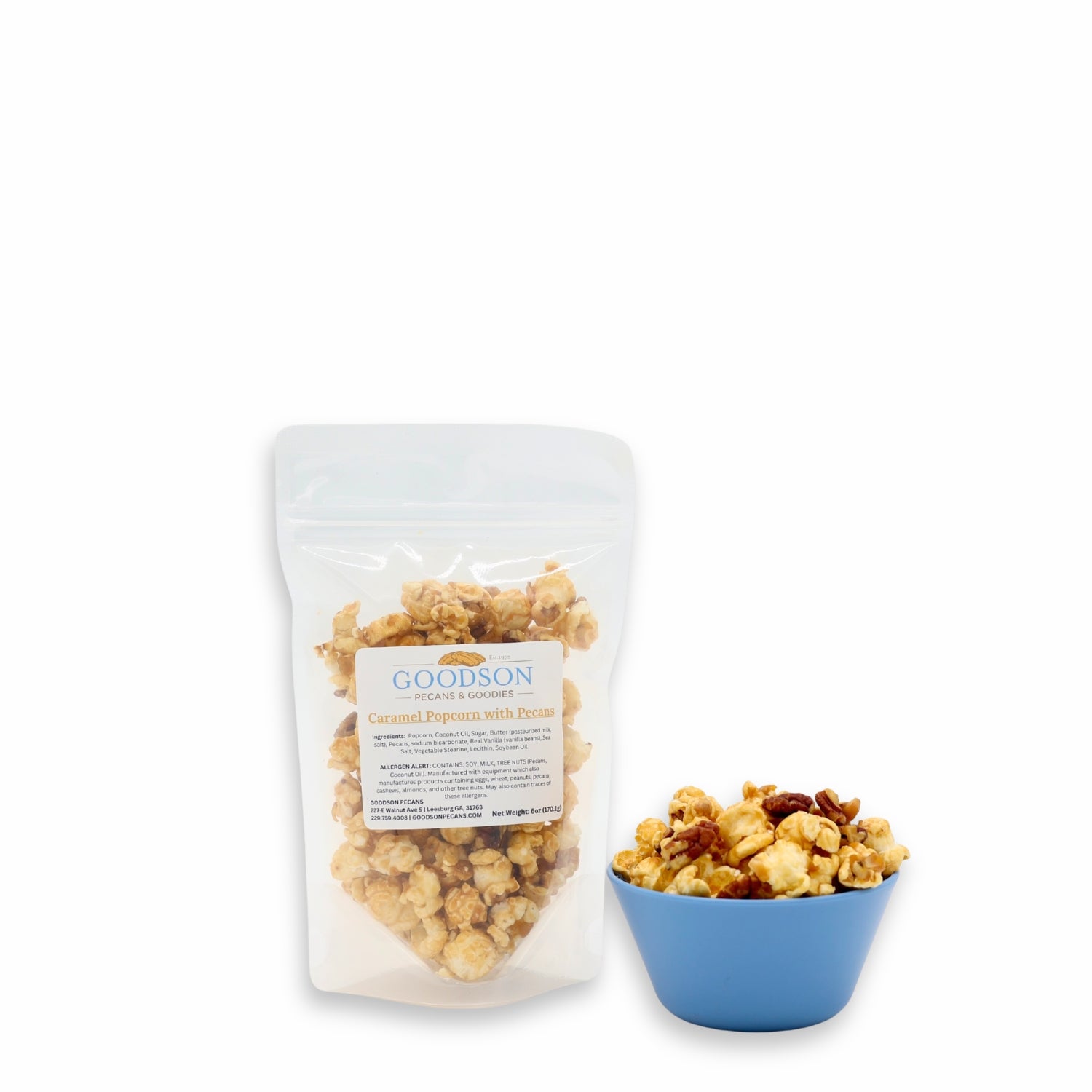 Goodson popcorn 2oz package with a bowl of popcorn on a white background