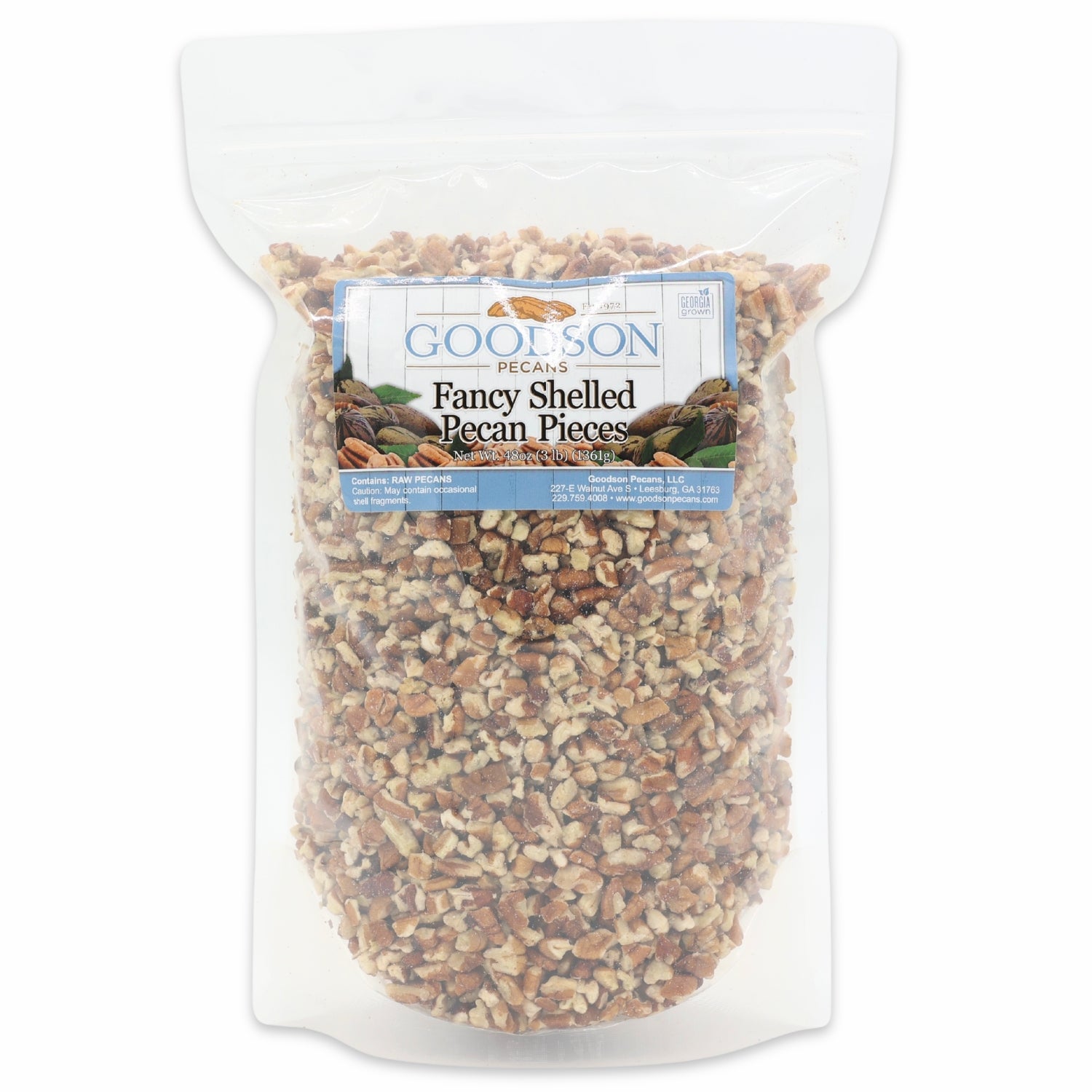 Bag of 3lb Goodson Fancy Shelled Pecan Pieces on a white background