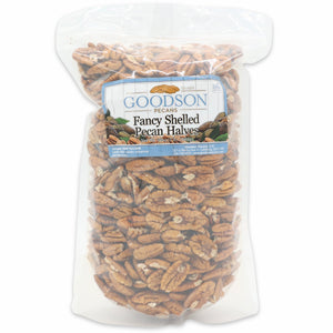 Packaged 3 pound bag of pecan halves with Goodson Pecans label on a white background.