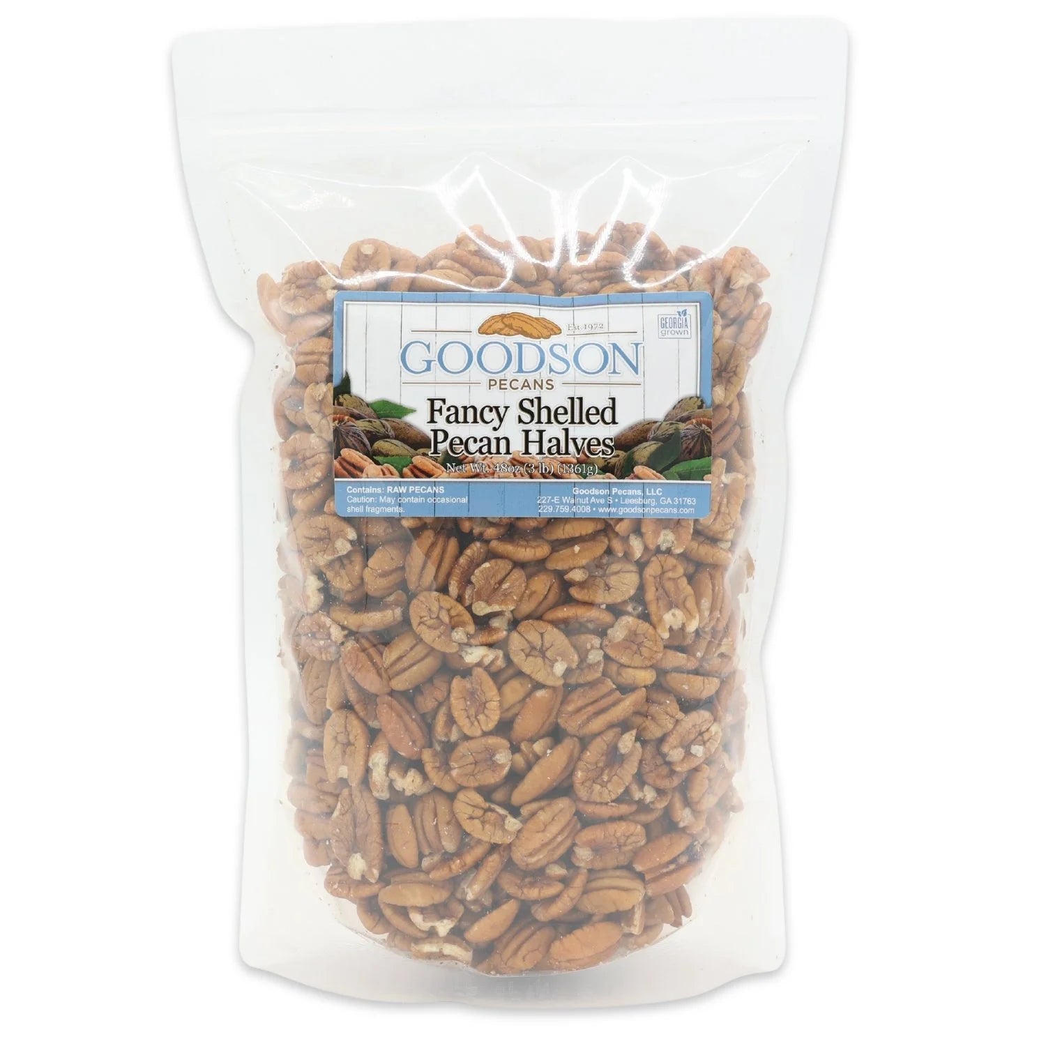 Bag of Goodson Fancy Shelled Pecan Halves on a white background