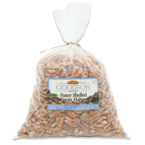 Bag of 5lb Goodson Fancy Shelled Pecan Halves on a white background