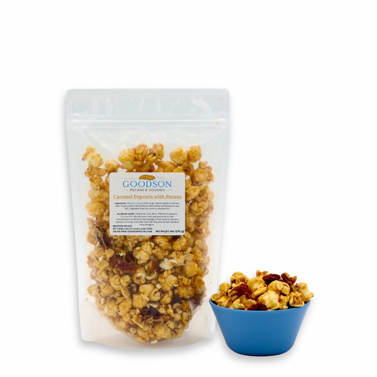 6oz packaged caramel popcorn with a Goodson label, next to a small blue bowl of popcorn.