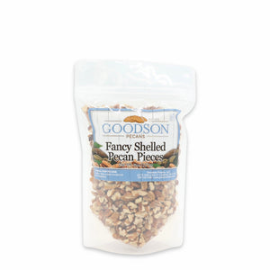 Bag of 8oz Goodson Fancy Shelled Pecan Pieces on a white background
