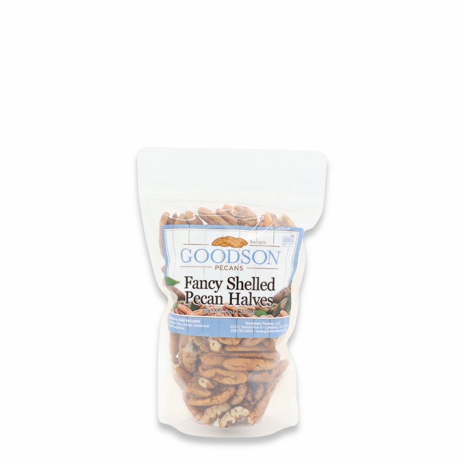 Bag of 8oz Goodson Pecans Fancy Shelled Pecan Halves on a white background