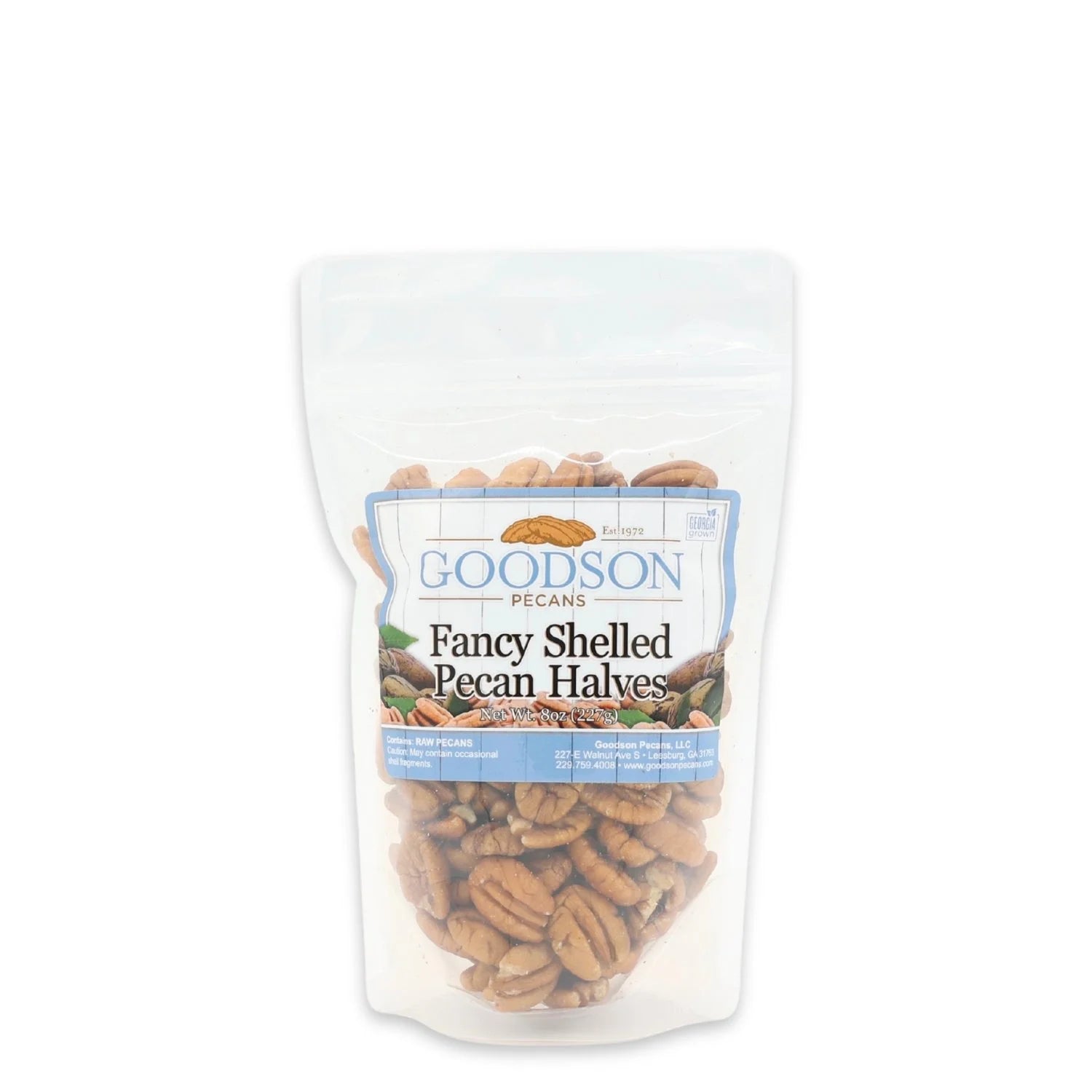 Bag of 8oz Goodson Fancy Shelled Pecan Halves on a white background
